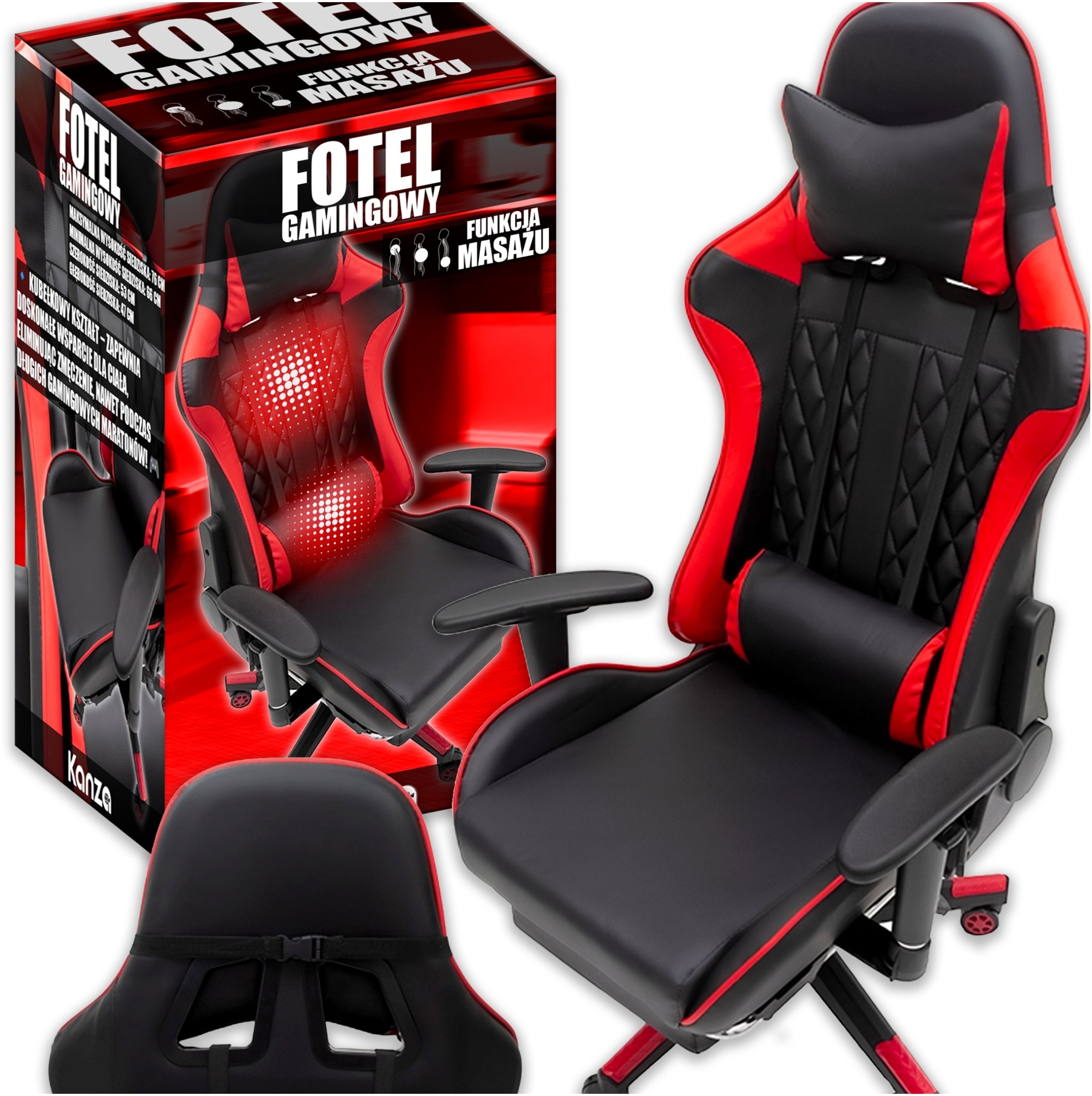 FOTEL GAMINGOWY MASAŻ CZERWONY G899 KANZA