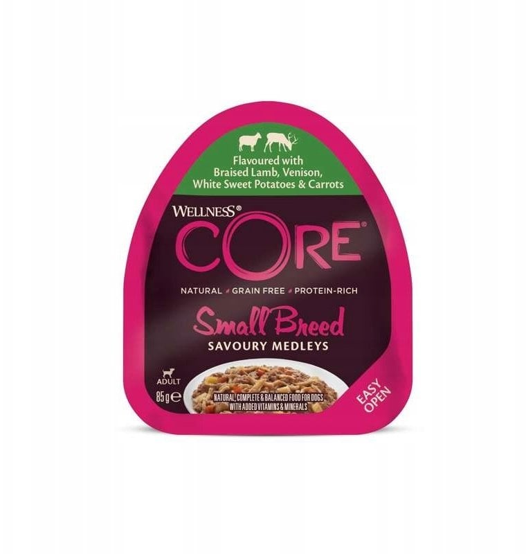 Petner Core Small Breed Savoury Medleys karma mokra dla dorosłych psów małych ras kurczak jagnięcina sarnina słodkie ziemniaki marchew 85g szalka