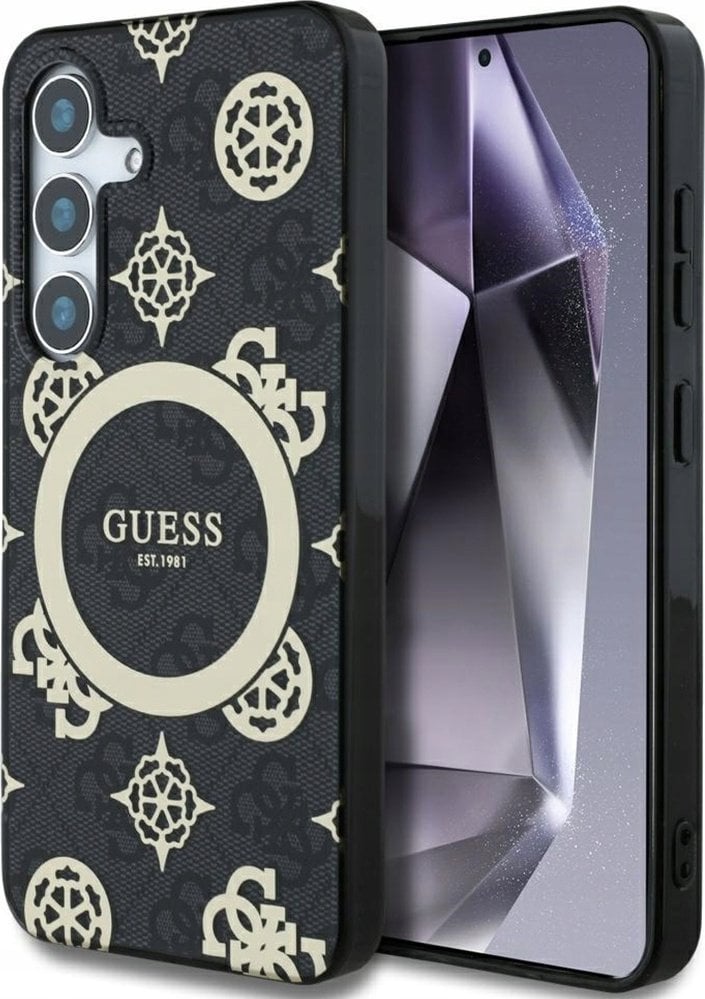 Guess 4G Background Gold Electroplated Peony Pattern MagSafe case for Samsung Galaxy S25 black