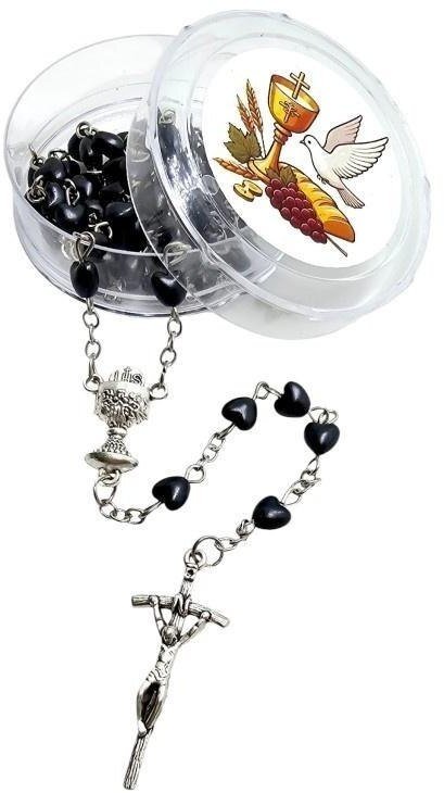 Różaniec komunijny czarny serduszko z pudełkiem