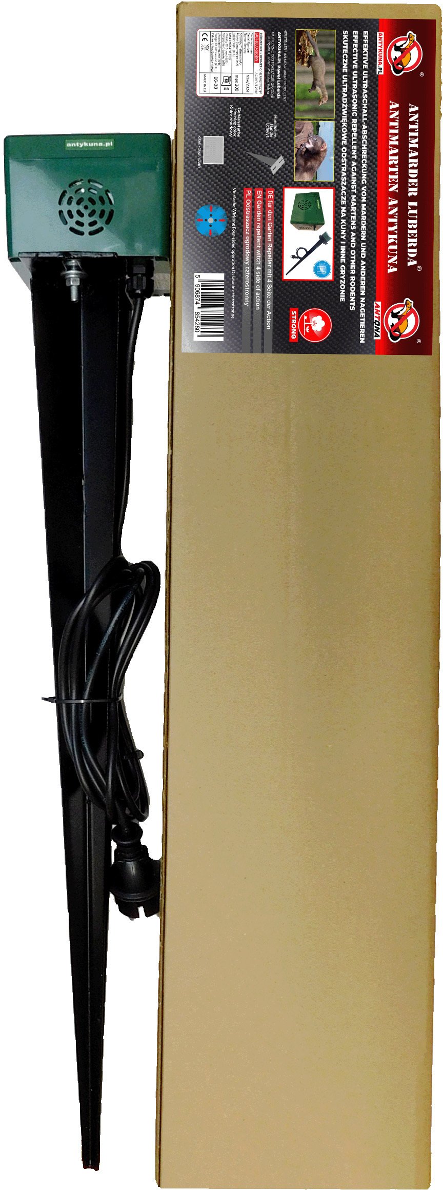 Antykuna.pl Odstraszacz MOCNY STRONG na KUNY/ NORNICE/ MYSZY/ SZCZURY Hermetyczny Wbijany działa na 4 Strony Zasilanie 230V