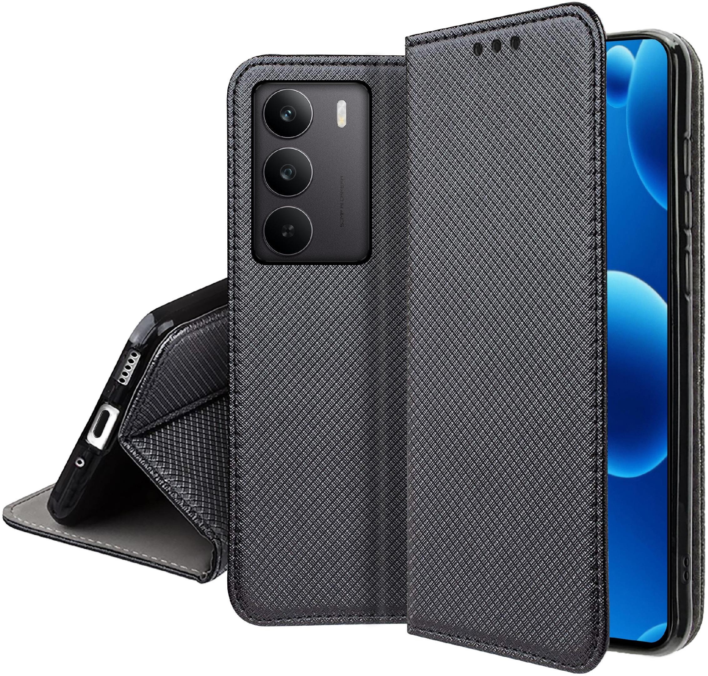 Etui z klapką do Realme 14x 5G Zamykane Czarne Futerał + Szkło 9H