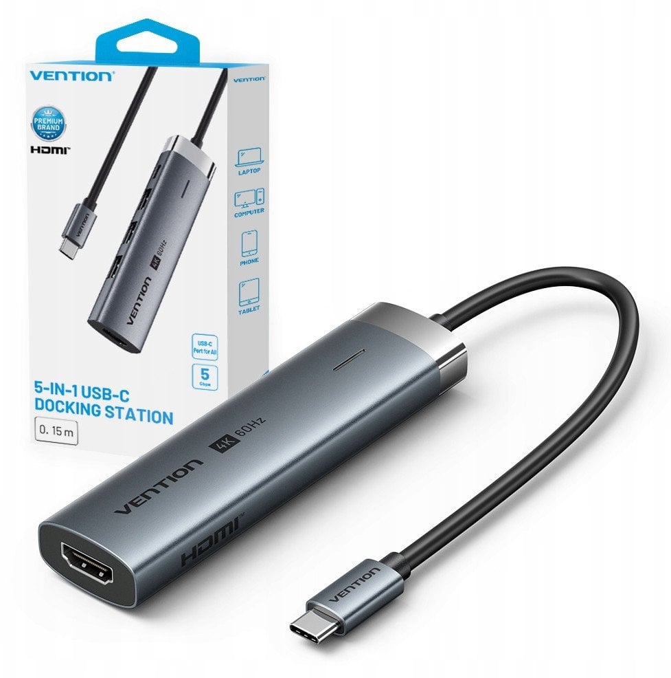 Vention 5in1 USB-C 100W PD 5Gbps 4K@60Hz silver