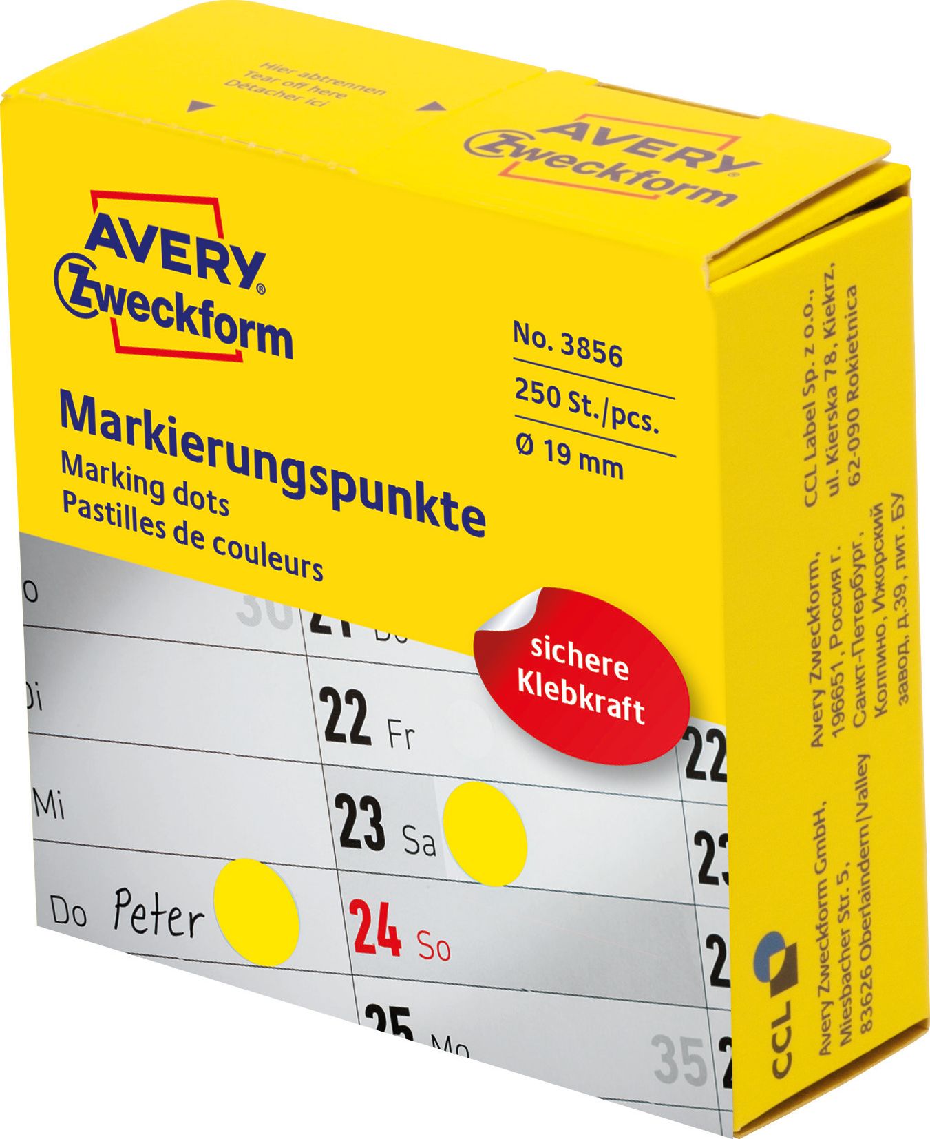 Avery Zweckform Kółka do zaznaczania w dyspenserze Avery Zweckform, 250 szt./rolka, O19 mm, żółte, ŻÓŁTY