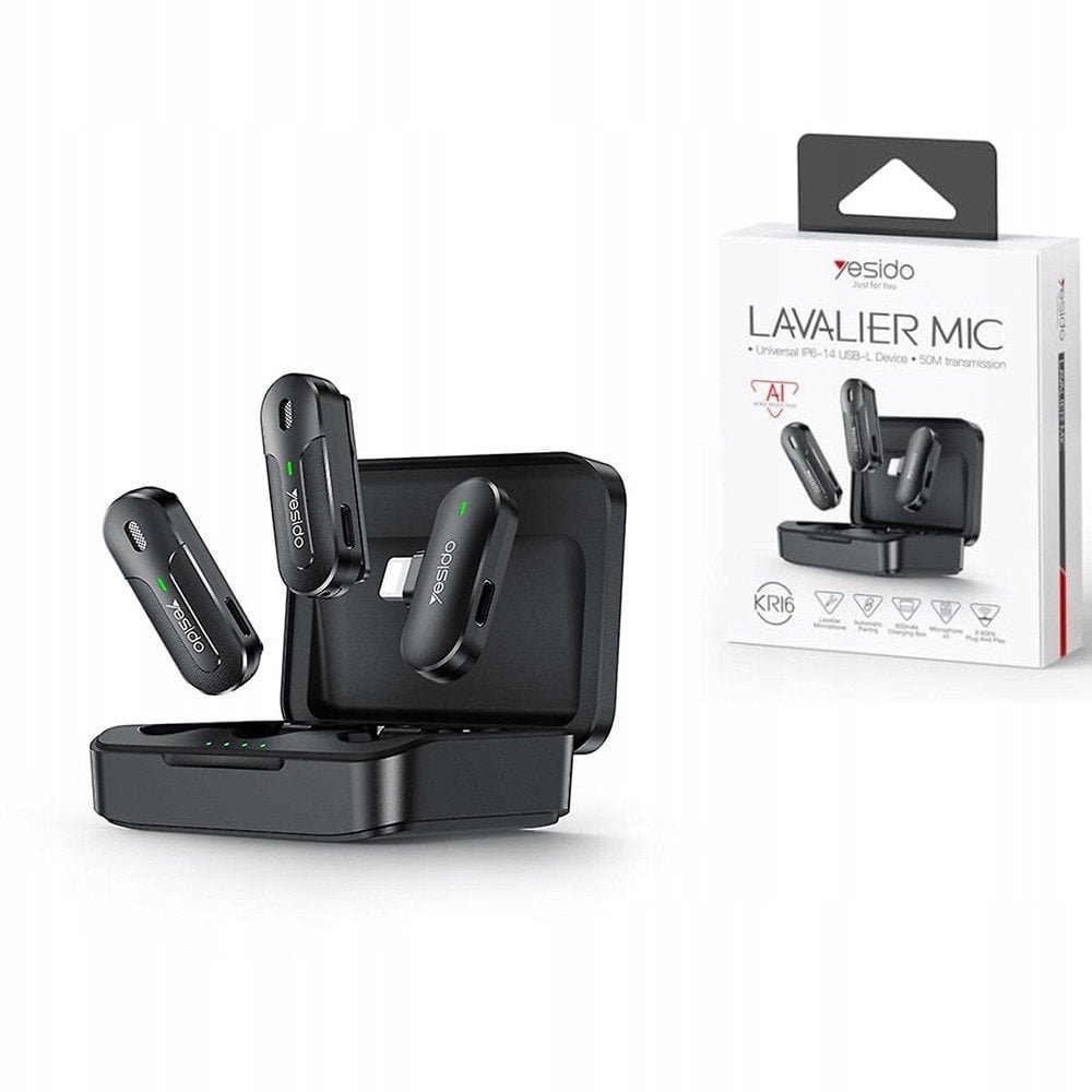 yesido KR16 Mikrofon MEMS 2szt. na Klips Lightning, Wireless 2.4GHz, BLACK/CZARNY
