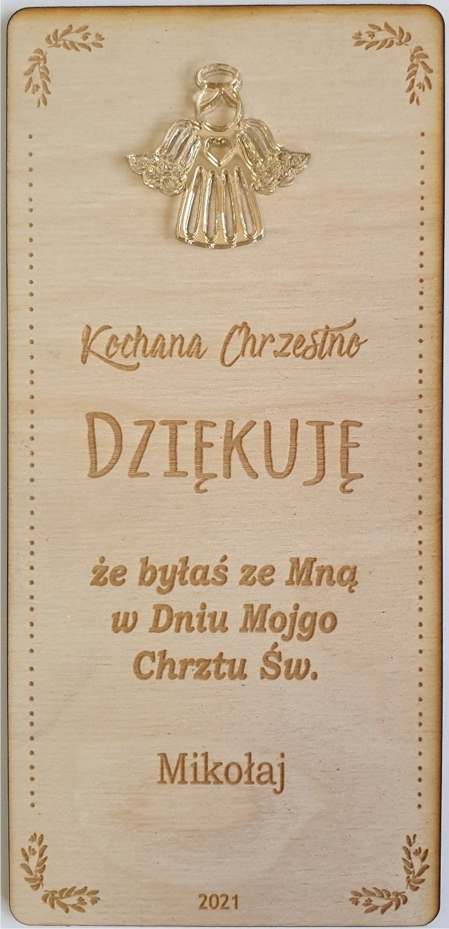 details Podziękowanie chrzestni chrzest koperta DL drewno