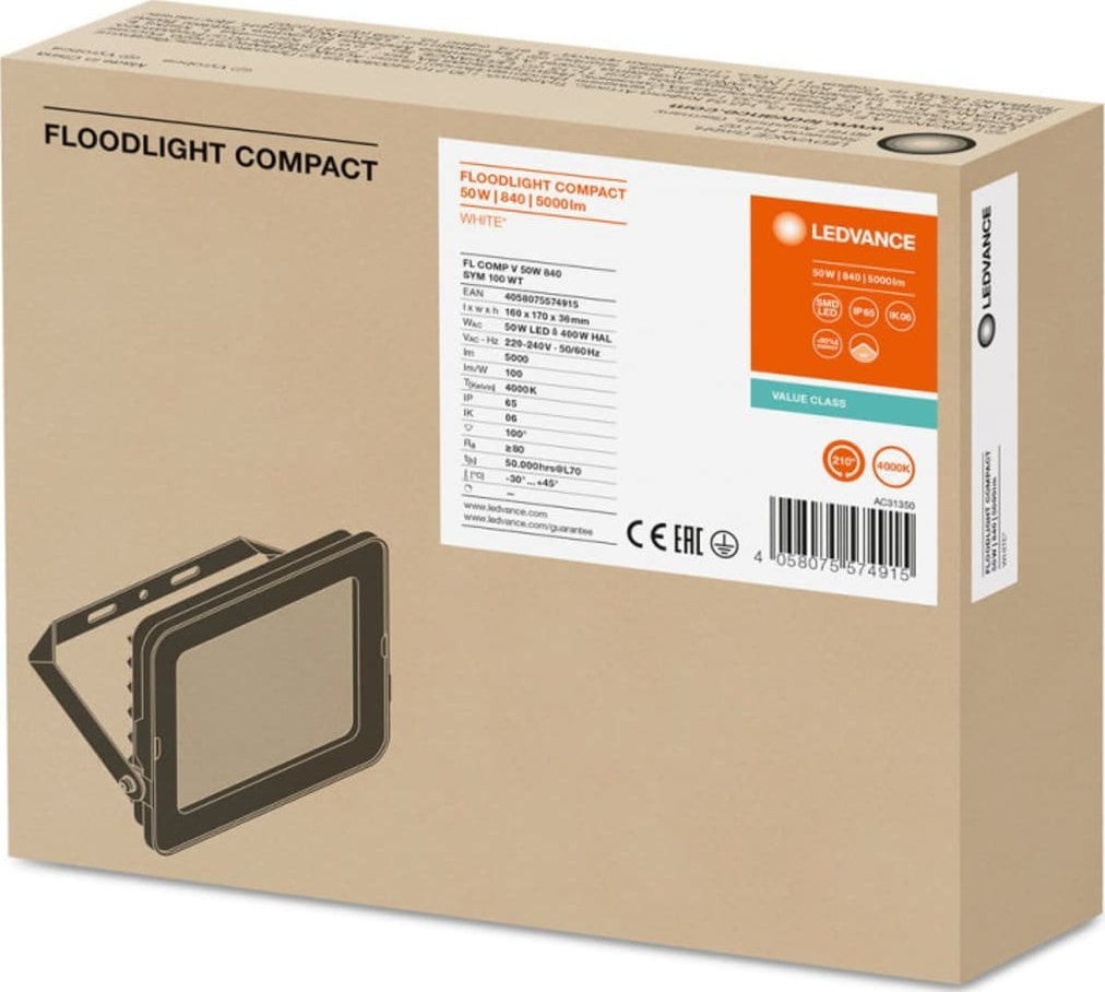 Naświetlacz Ledvance Projektor LED FLOOD COMPACT V 50W 840 SYM 100 WT 4058075574915