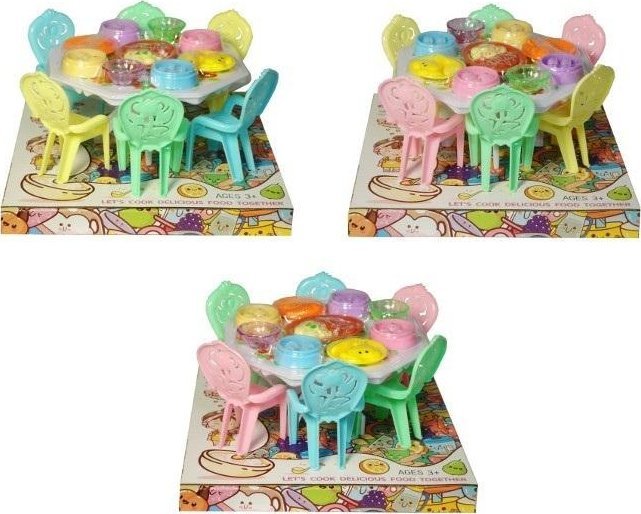 Mebelki dla lalek: stół, 6 krzesłek, akcesoria MIX