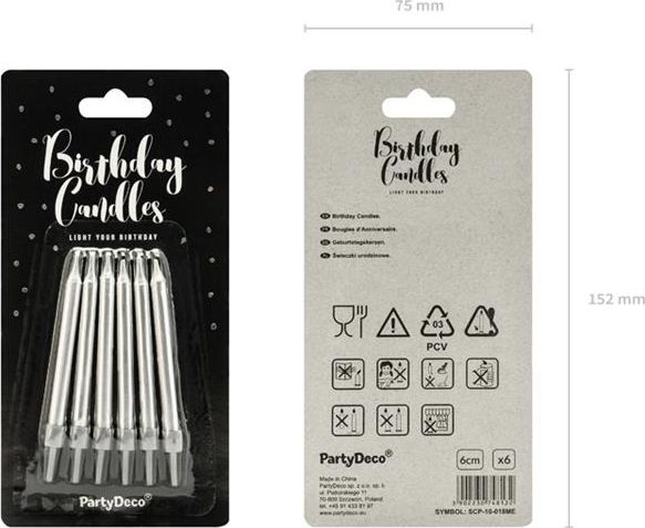 Świeczki urodzinowe, srebrne metalizowane, 6 cm, 6 szt. uniwersalny