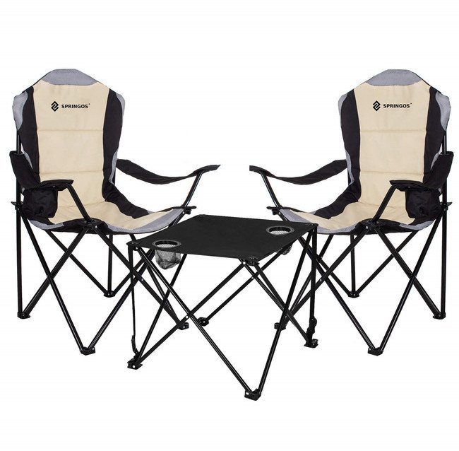 Zestaw kempingowy stolik i 2 krzesła, składane meble turystyczne czarno-beżowy UNIWERSALNY
