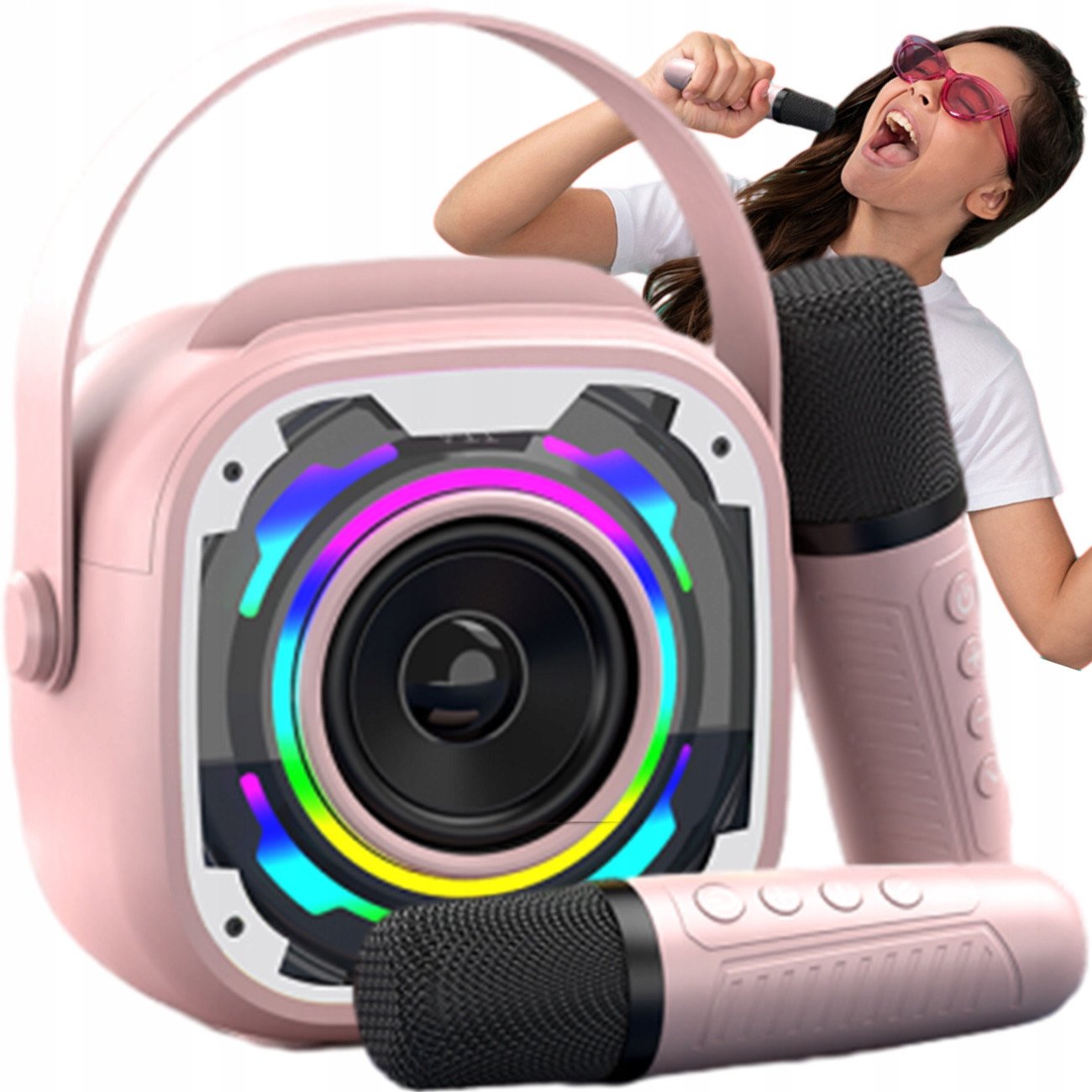 KARAOKE MIKROFON BEZPRZEWODOWY GŁOŚNIK BLUETOOTH DLA DZIECI 2 MIKROFONY LED