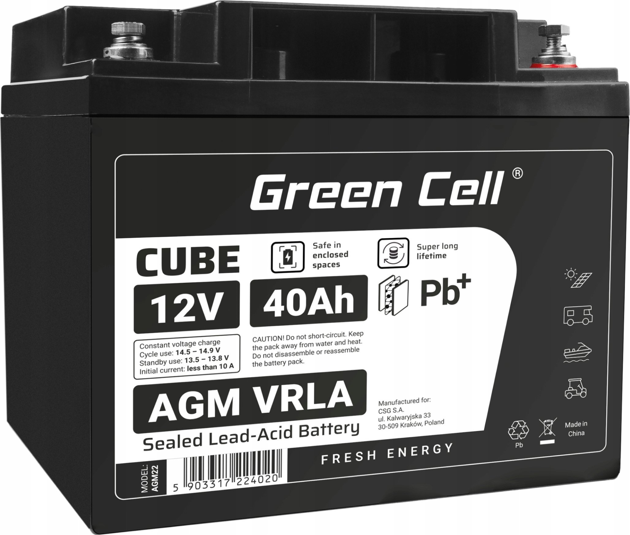 Green Cell Cube AGM VRLA IP54 12V 40Ah bezobsługowy akumulator do kosiarki skutera łodzi wózka inwalidzkiego