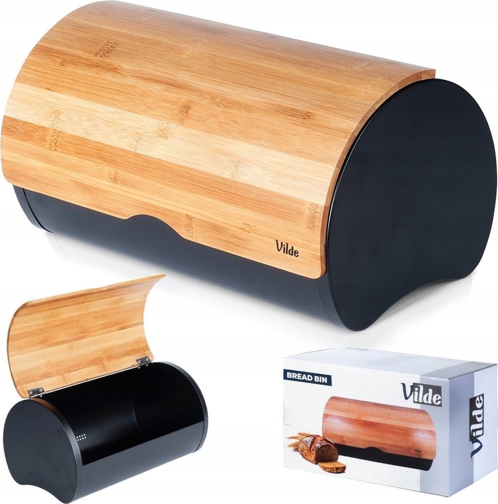 Chlebak Vilde Chlebak Pojemnik na Chleb Stalowy Drewniany Czarny VILDE 38 x 24 x 20 cm