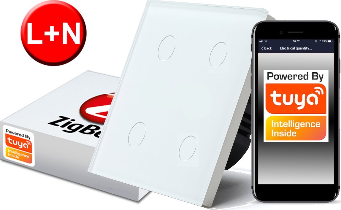 Włącznik Dotykowy ZigBee TUYA 4obw. biały # L+N