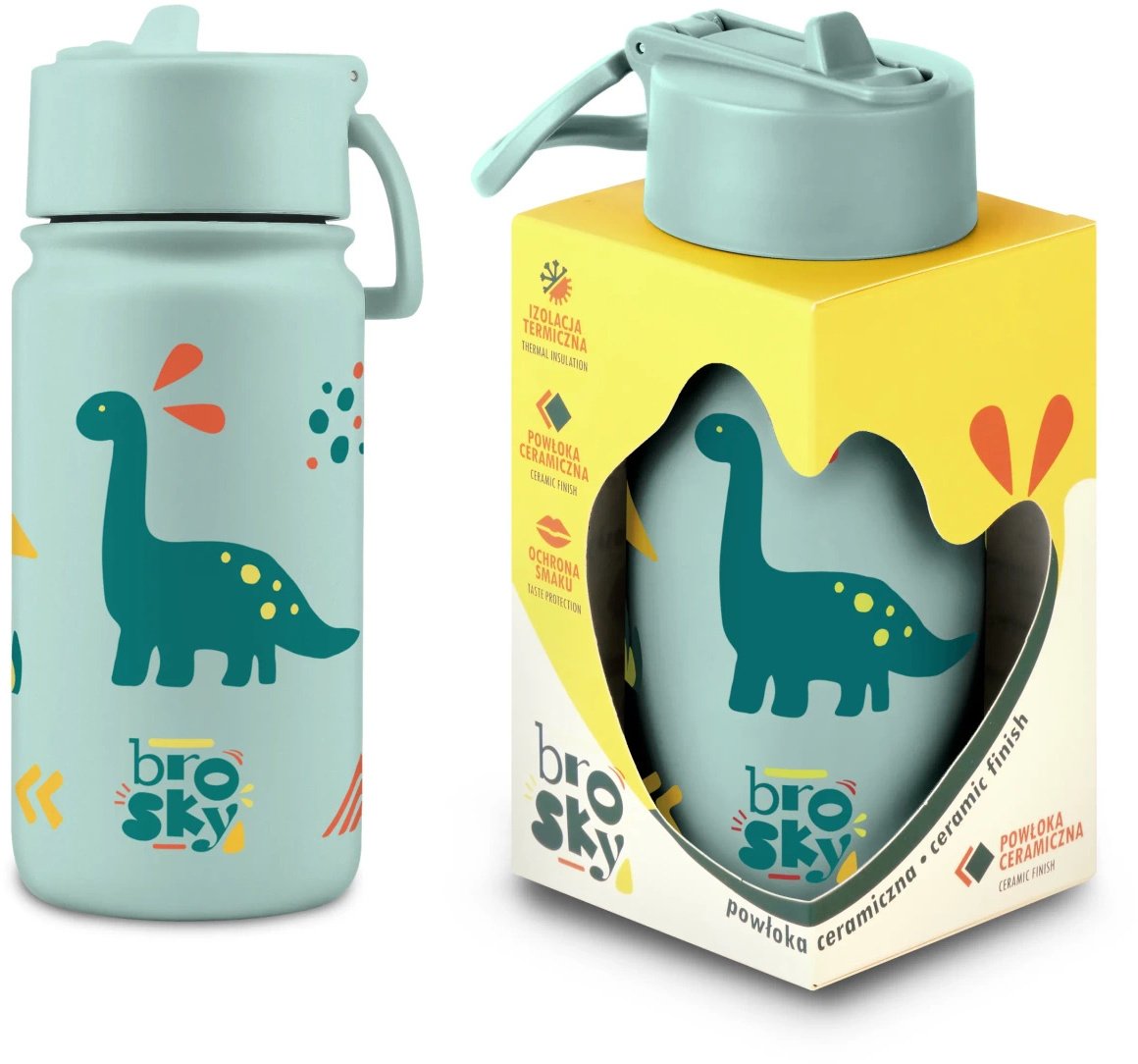 Brosky Miętowa butelka na wodę dla dzieci z dinozaurami 450 ml