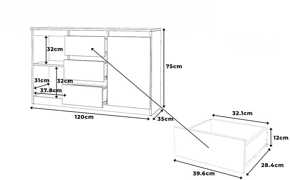 Komoda Z 3 Szufladami Do Sypialni Salon Agnes 120cm Dąb Wotan Biały Połysk
