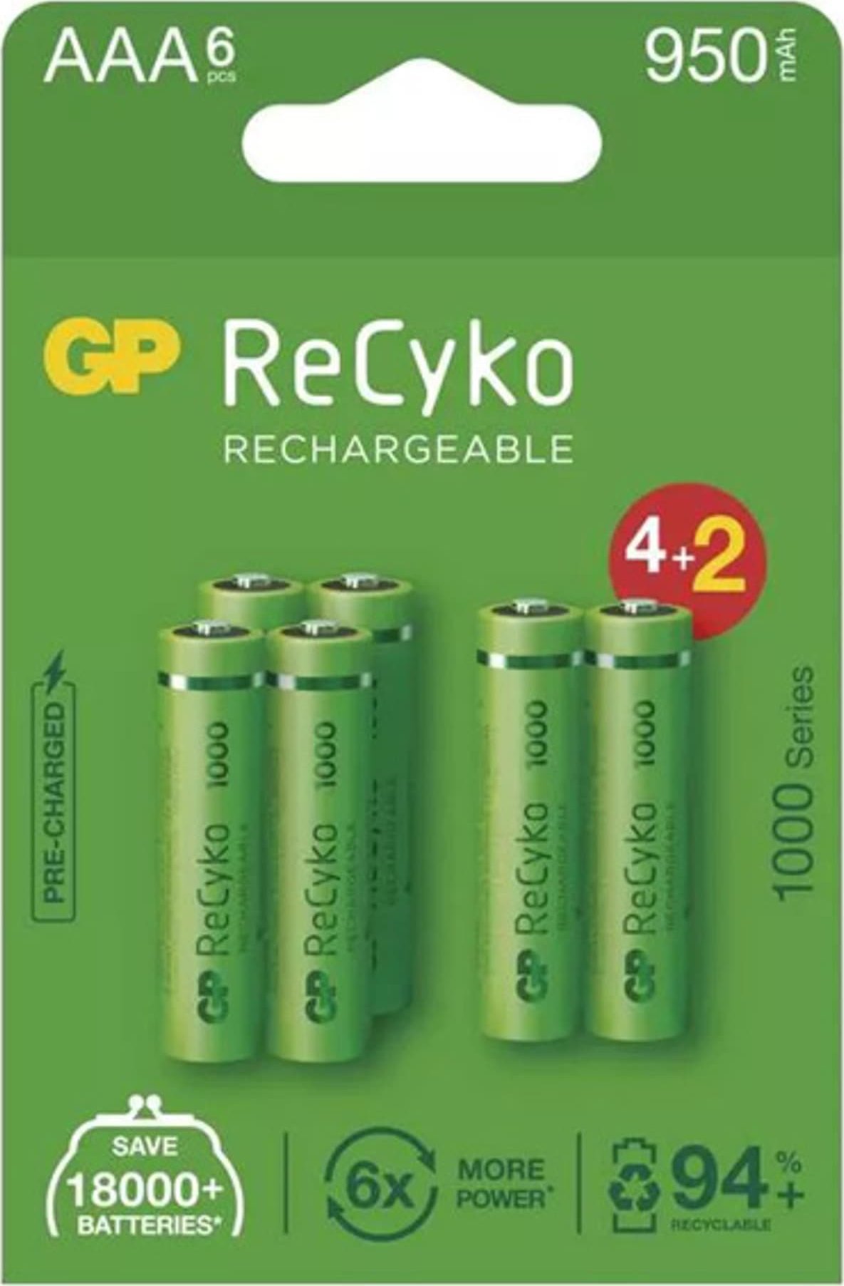 GP Akumulatorki, AAA (HR03), 1.2V, 950 mAh, GP, kartonik, 6-pack, ReCyko