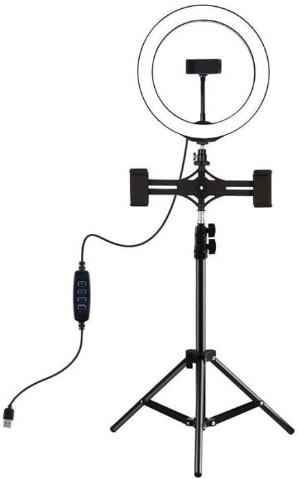 LED žiedinė lempa 26cm, su trikoju stovu iki 1.1m ir 3 telefono laikikliais, USB