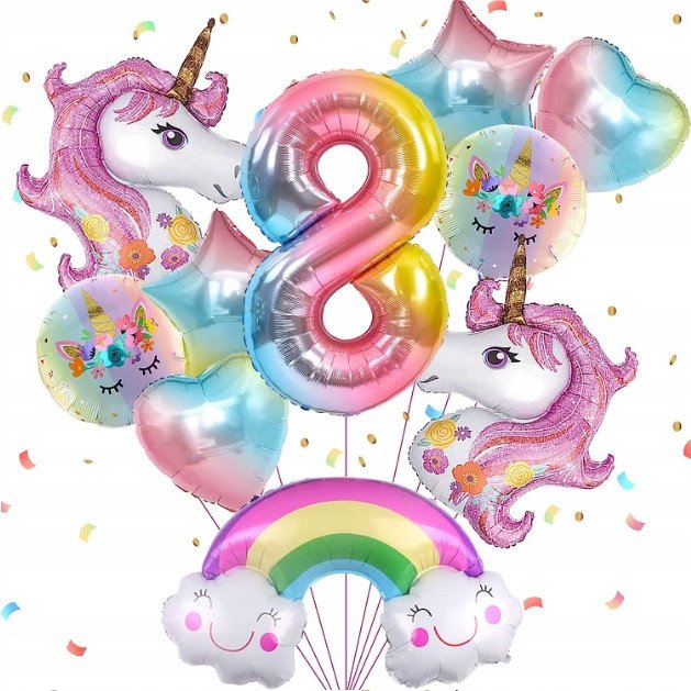 Balony na 8 urodziny JEDNOROŻEC Zestaw 10 Balonów foliowych CYFRA 8 - 70cm
