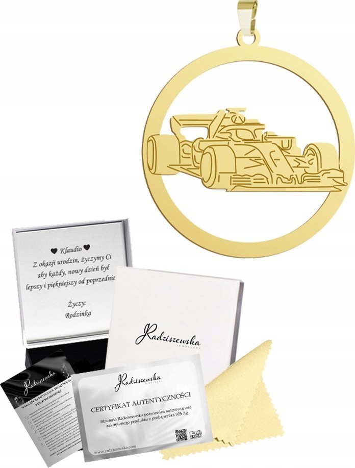 Radziszewska Jewellery Złota Zawieszka Bolid Formuła 1 SREBRO 925 Prezent Mężczyzna GRAWER GRATIS