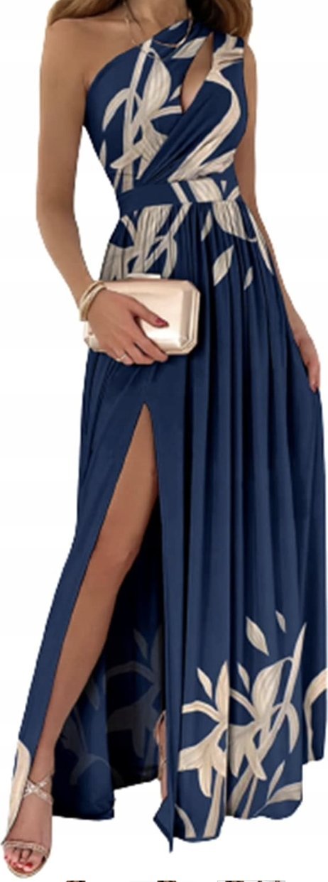 Sukienka Wieczorowa Rozkloszowana Na Jedno Ramię Maxi Długa Granat S