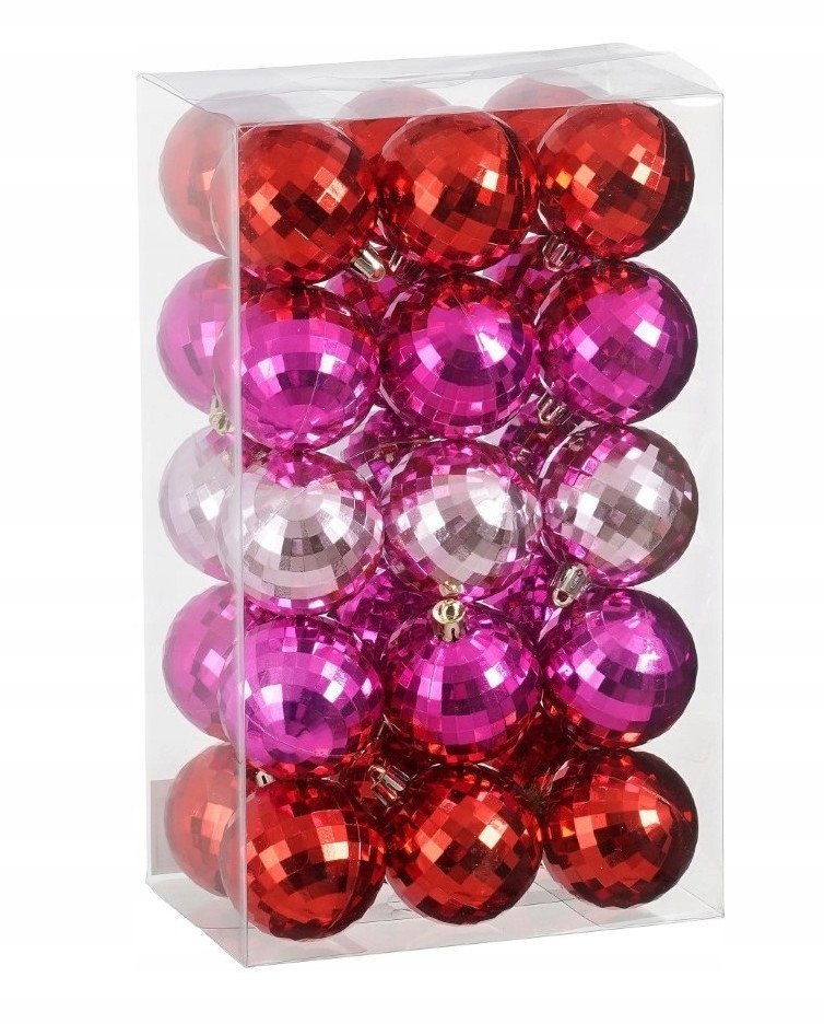 Bombki choinkowe zestaw 30 szt. różowe czerwone i srebrne 6 cm lustrzane