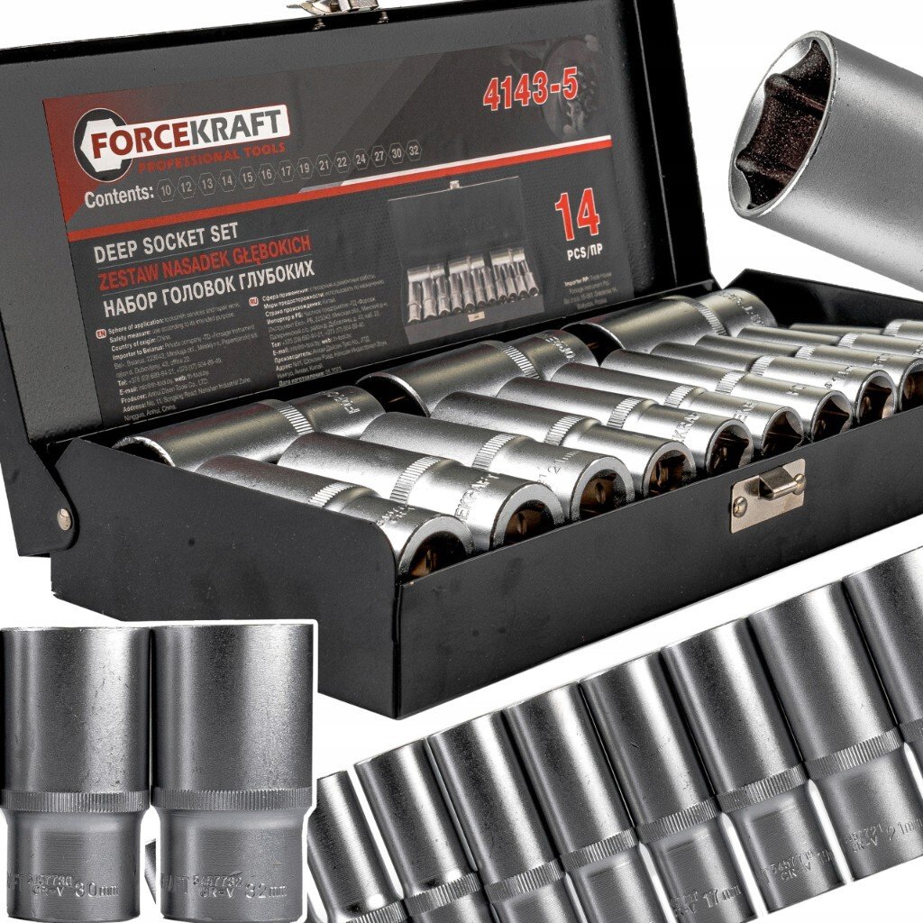 FORCEKRAFT Zestaw NASADEK głębokich 1/2" 6-kątnych 14 ELEMENTÓW + WALIZKA