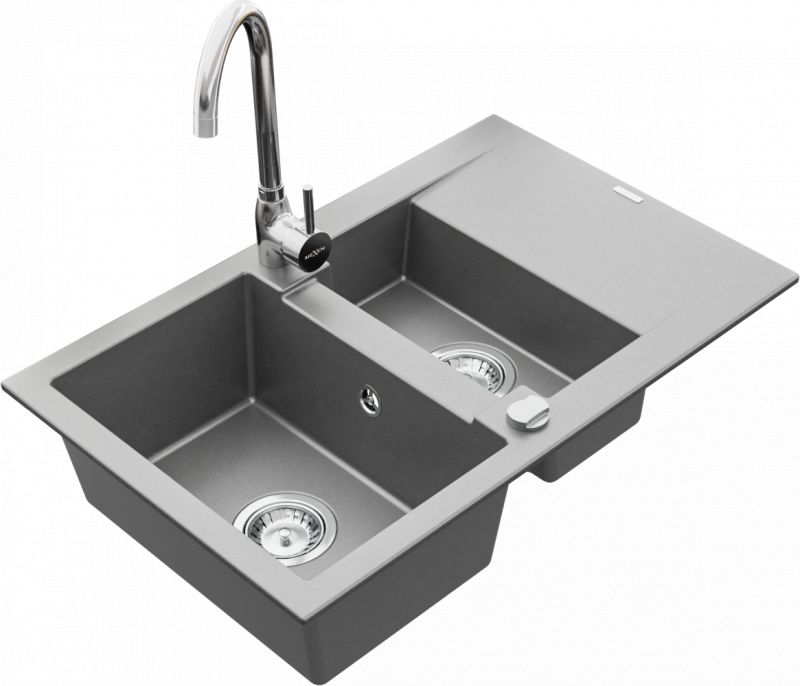 Zlewozmywak Mexen Gaspar zlewozmywak granitowy 1,5-komorowy z ociekaczem i baterią kuchenną Telma, szary - 6507-71-670200-00