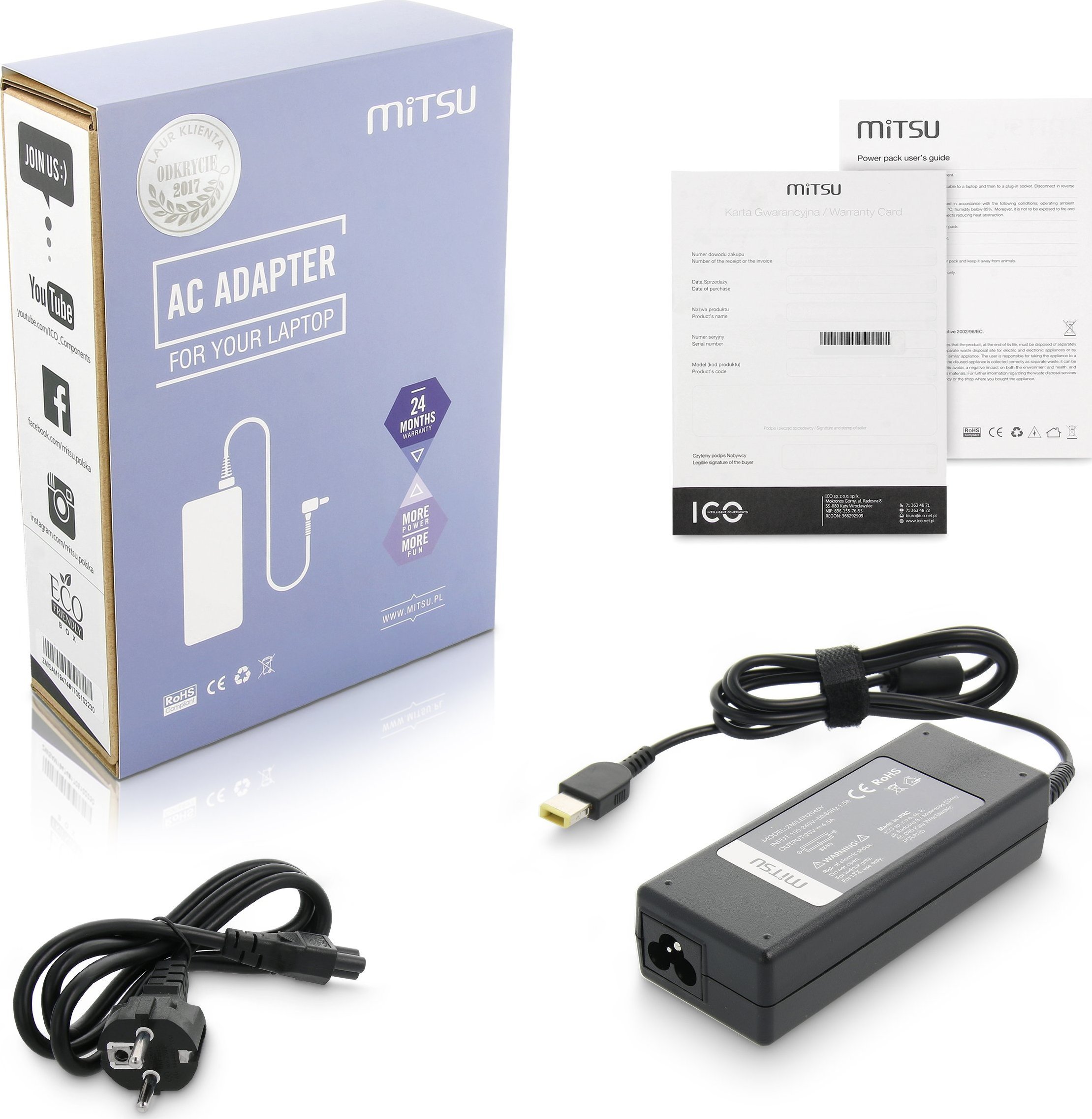 Zasilacz do laptopa Mitsu Ładowarka do Lenovo 20v 4.5a 90W 11.0x4.5 pin Yoga