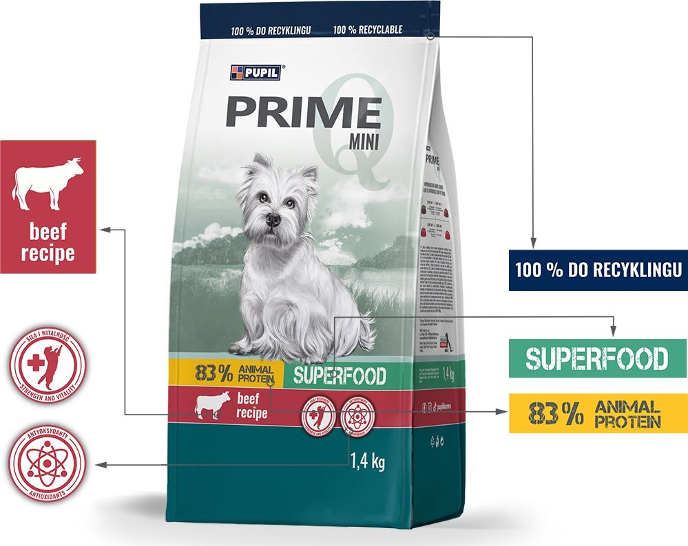PUPIL Prime Karma sucha dla psa PUPIL Prime Mini bogata w wołowinę z wątróbką 1,4 kg