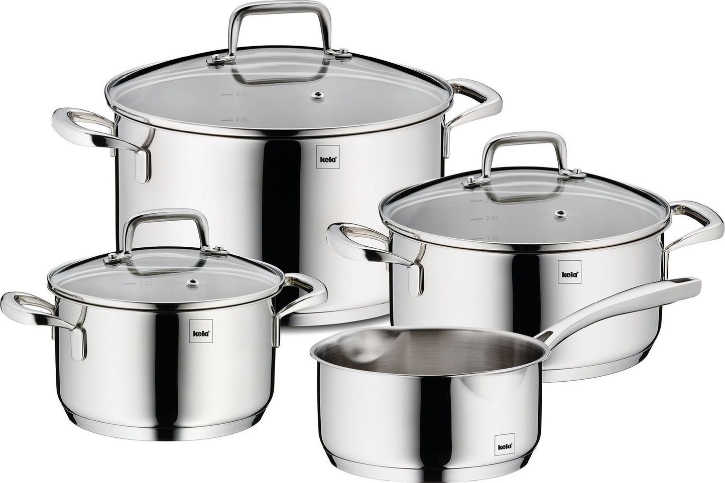 Kela Zestaw garnków z pokrywkami Kela, 4 szt., stal nierdzewna/szkło