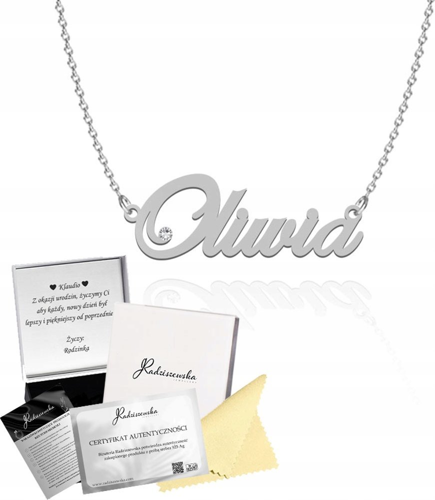 Radziszewska Jewellery Naszyjnik z imieniem Oliwia SREBRO 925 Prezent Łańcuszek DEDYKACJA GRATIS