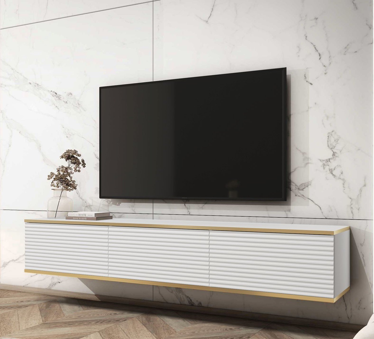 Meble Lindner Nowoczesna Komoda Glamour Szafka RTV Ryflowane fronty 175 cm Biały Mat