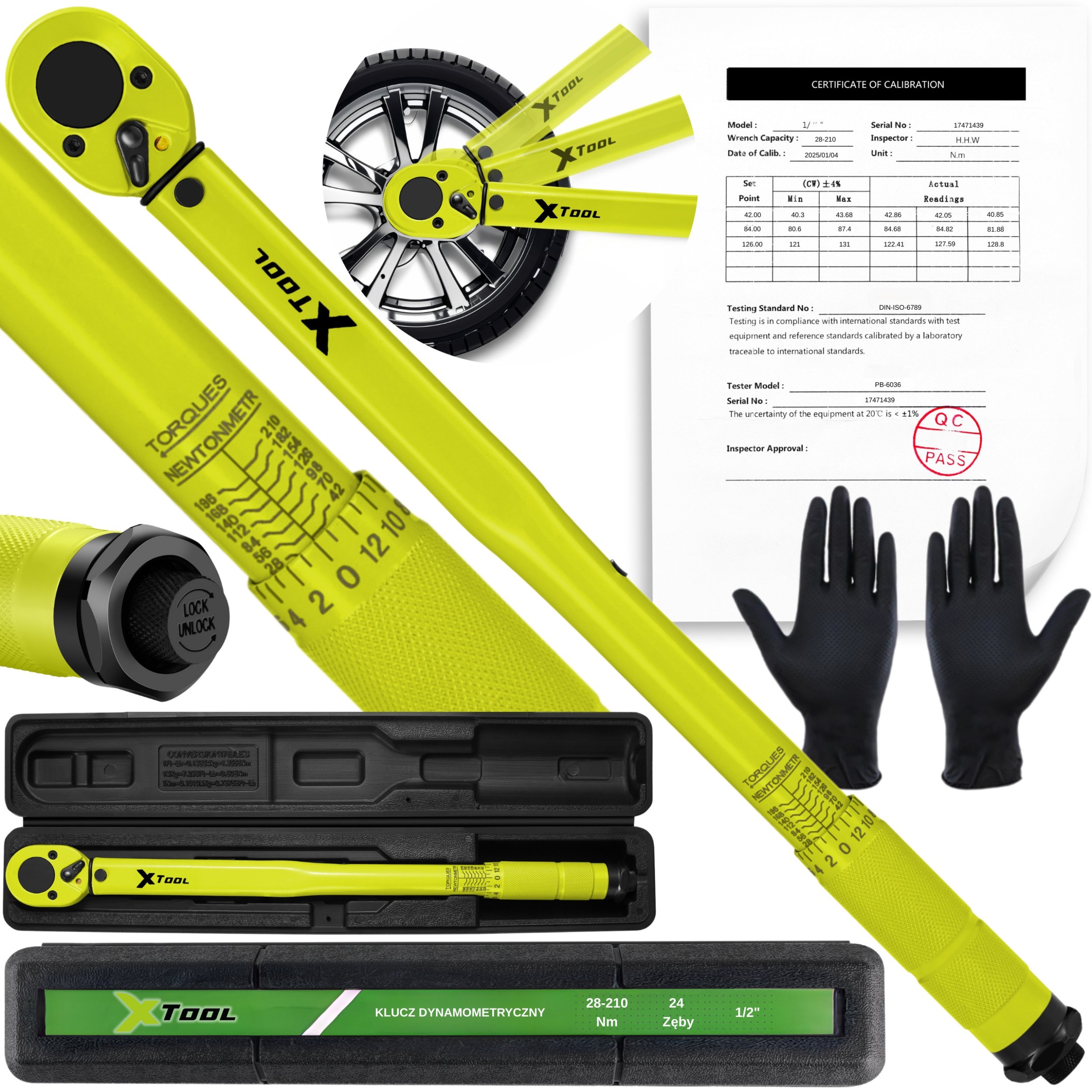 KLUCZ DYNAMOMETRYCZNY 1/2" 28-210Nm CrMO & CrV DO KÓŁ CERTYFIKAT KALIBRACJI