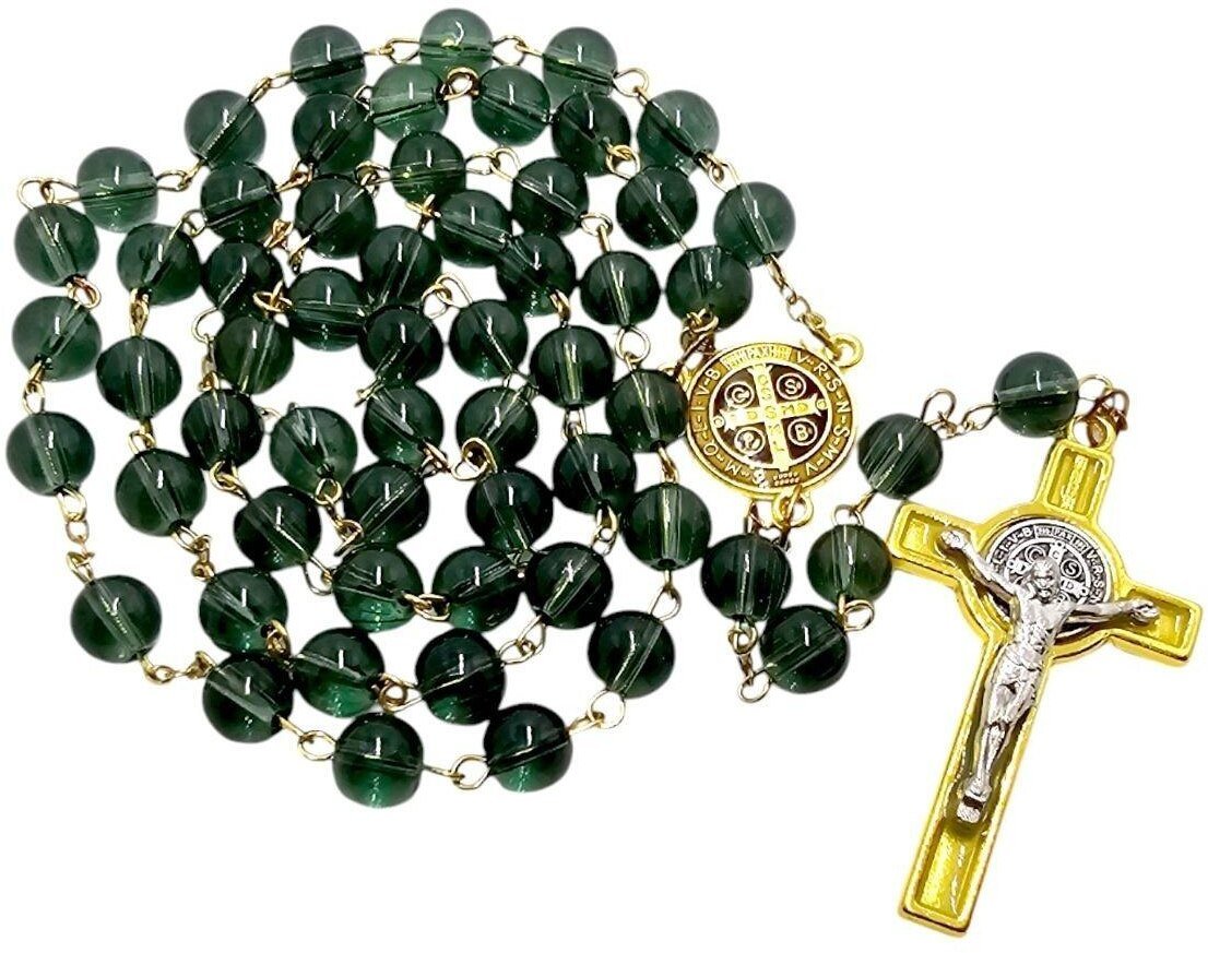 Różaniec szklany św. Benedykt zielony