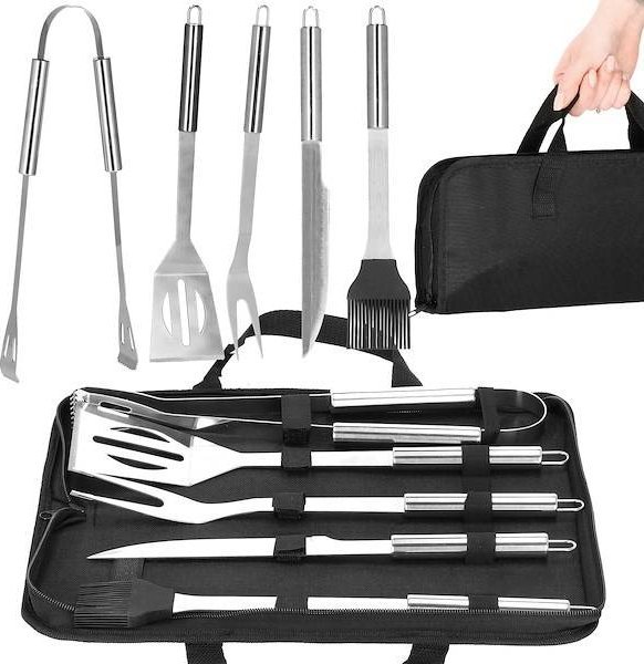 Springos Akcesoria do grilla komplet 5 sztućców ze stali nierdzewnej przybory i etui UNIWERSALNY