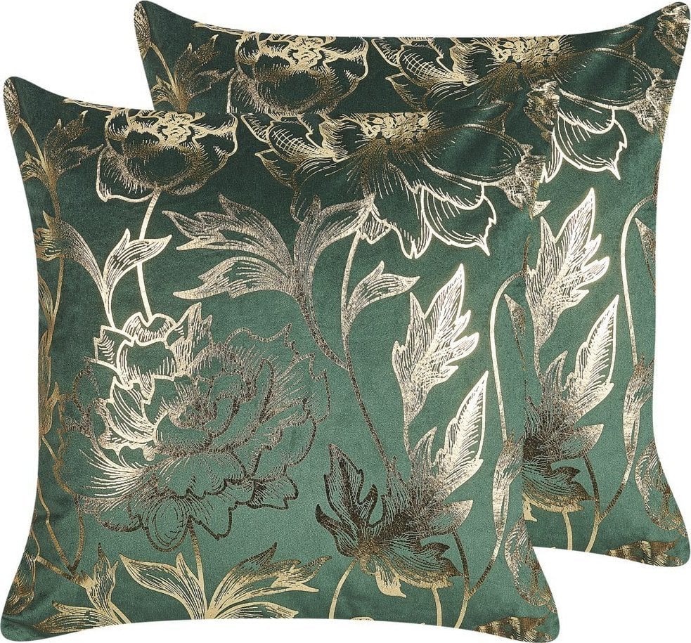 Beliani 2 Welurowe Poduszki Dekoracyjne W Kwiaty 45 X 45 Cm Zielone Daffodil!