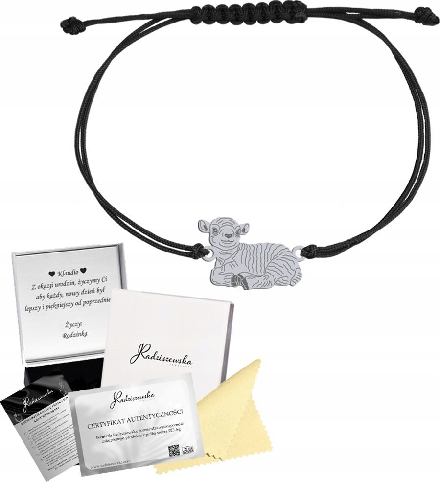 Radziszewska Jewellery Bransoletka Srebrna Baranek Wielkanocny Sznurek Prezent DEDYKACJA GRATIS