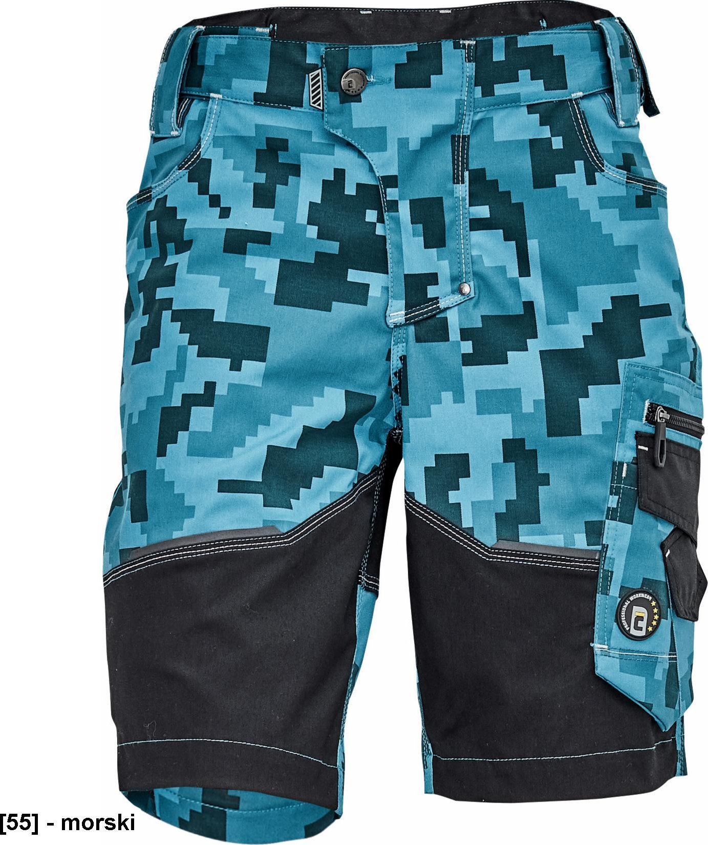 CERVA NEURUM CAMOUFLAGE szorty - męskie szorty robocze, 6 kieszeni, elastyczny materiał Trifibetex z nadrukiem moro, odblaski - morski 62