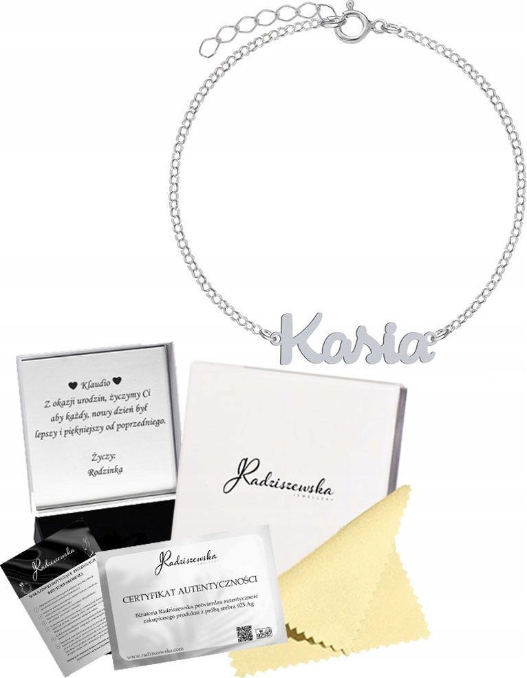 Radziszewska Jewellery Bransoletka Srebrna z Imieniem Napisem SREBRO 925 Łańcuszek Prezent