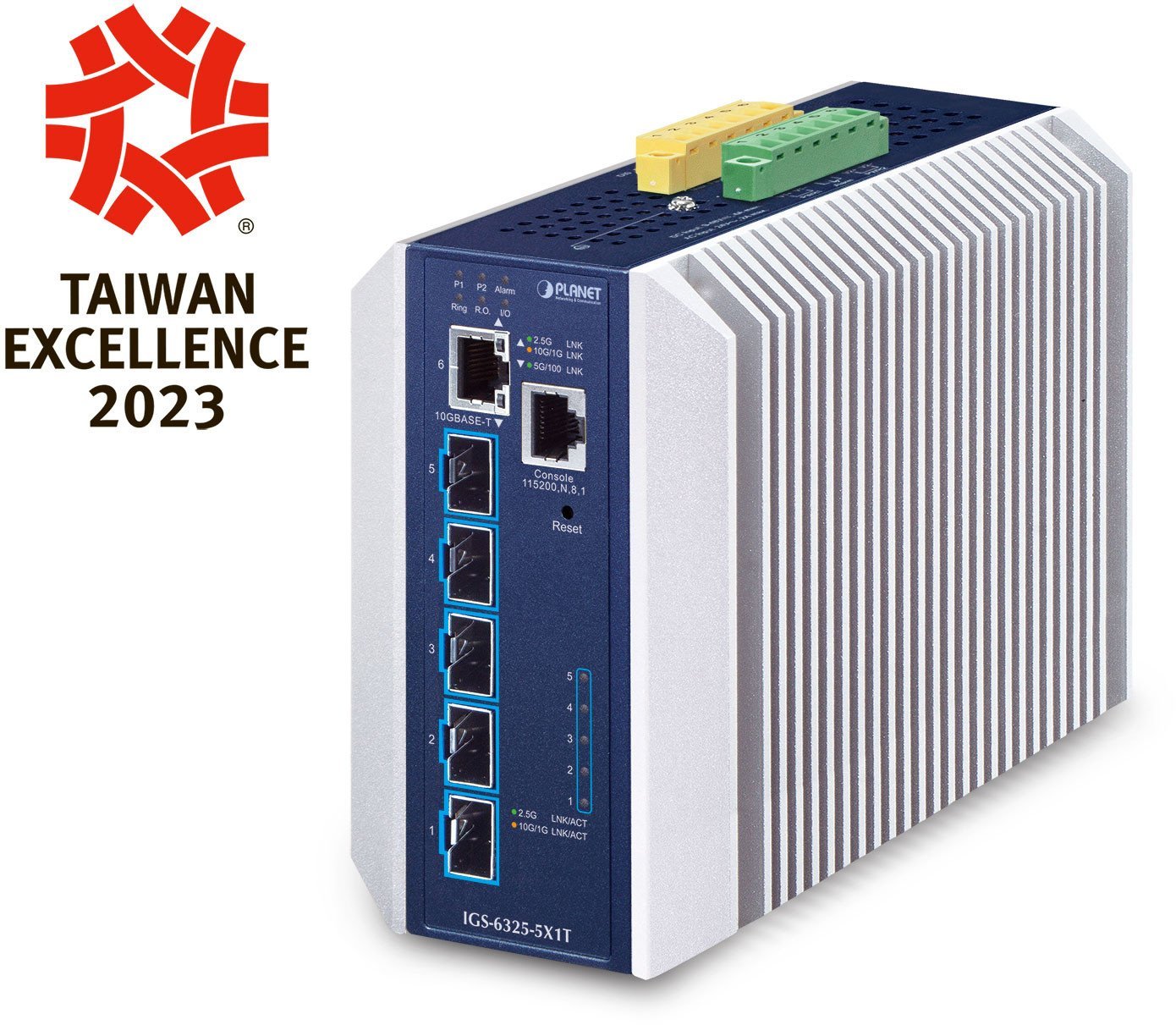 PLANET Industrial Layer 3 5-Port Zarządzany L3 10G Ethernet (100/1000/10000) Aluminium, Niebieski