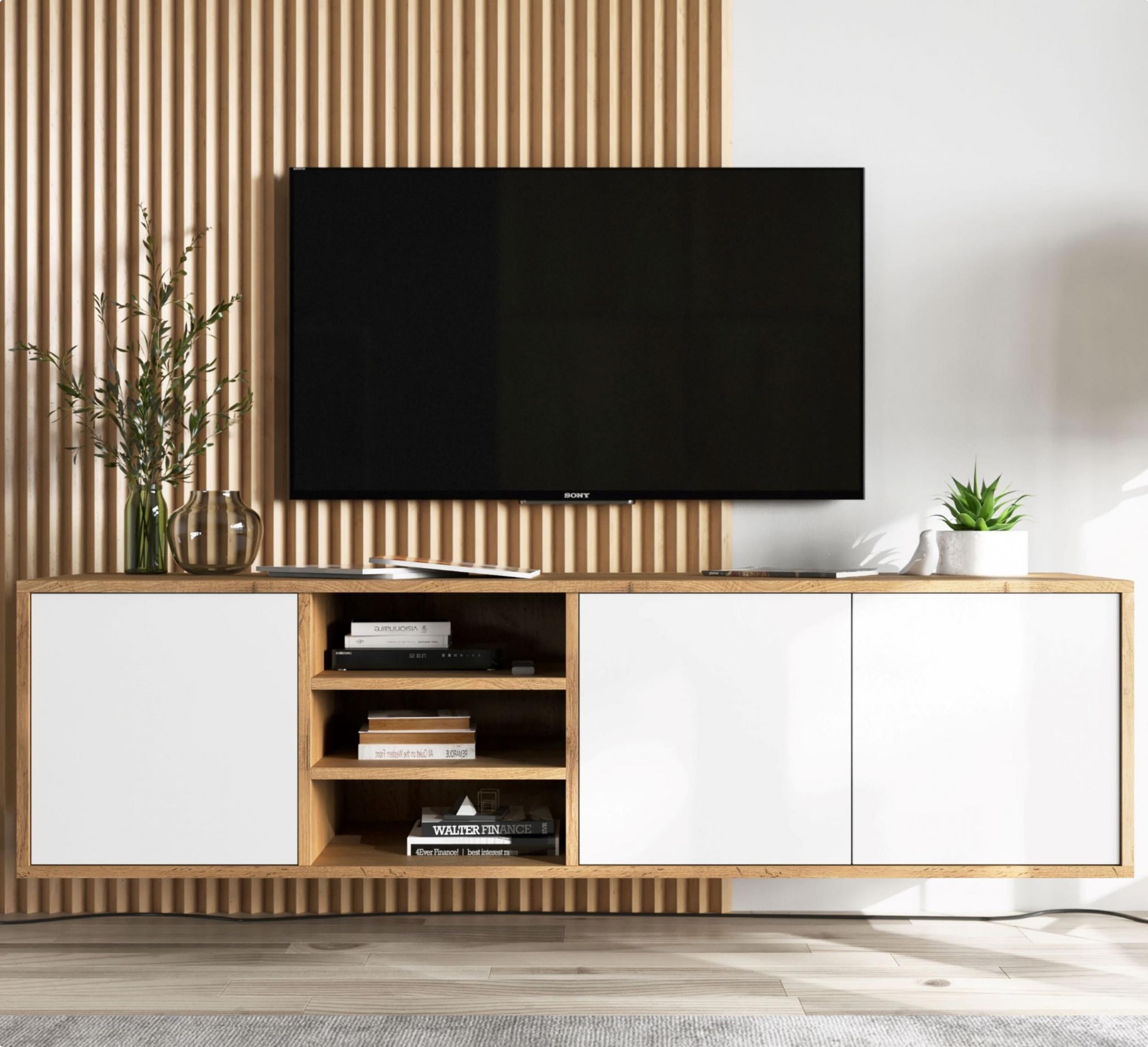 Meble Lindner Wisząca szafka RTV Loft Industrialna komoda RTV biały MAT 150 cm