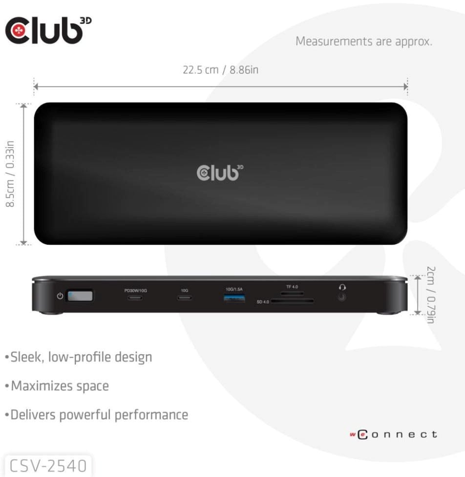 Club3D Dokovací stanice USB-C 14v1, 2xHDMI, 2xDP, 3xUSB-C, 1xUSB-C PD, 2xUSB, 1xRJ45, 1x3.5mm, microSD/SD, černá