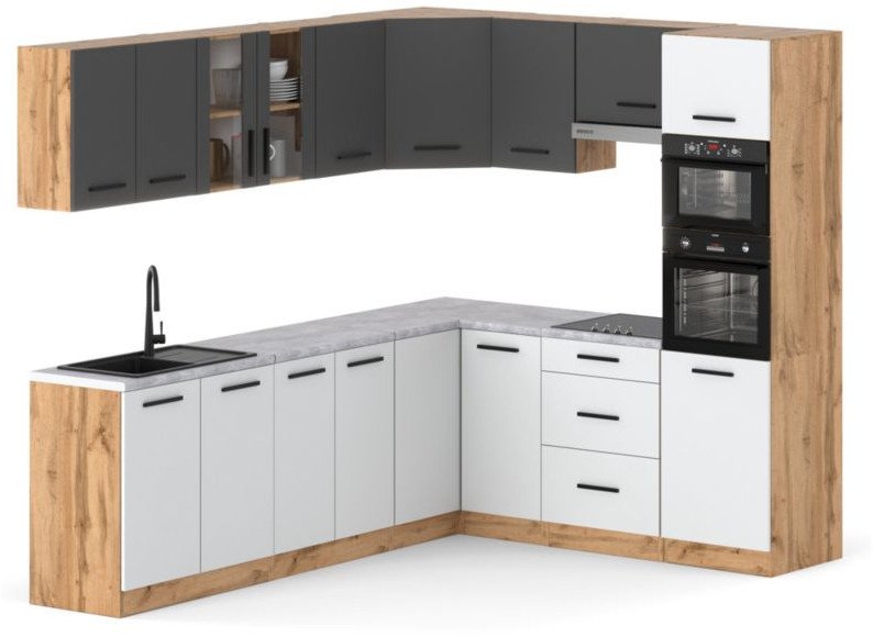 Kuchnia Marra Narożna 4.6m Modułowa Z Blatem Duża Wotan Szara Biała Mat