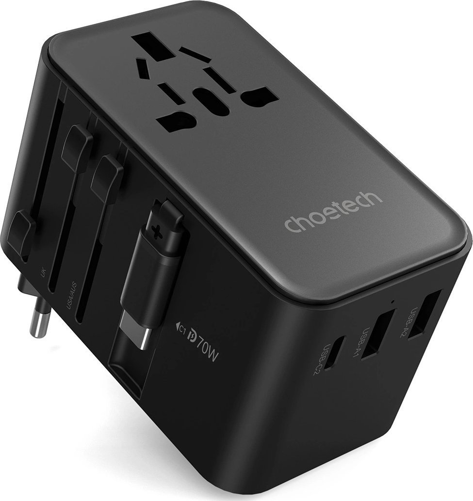 Choetech Adapter podróżny Choetech PD5022 70W EU / US / AUS / UK z wbudowanym kablem USB-C - czarny