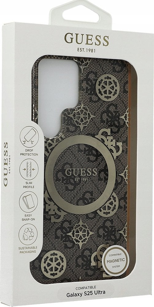 Guess 4G Background Gold Electroplated Peony Pattern MagSafe Case for Samsung Galaxy S25 Ultra Brown