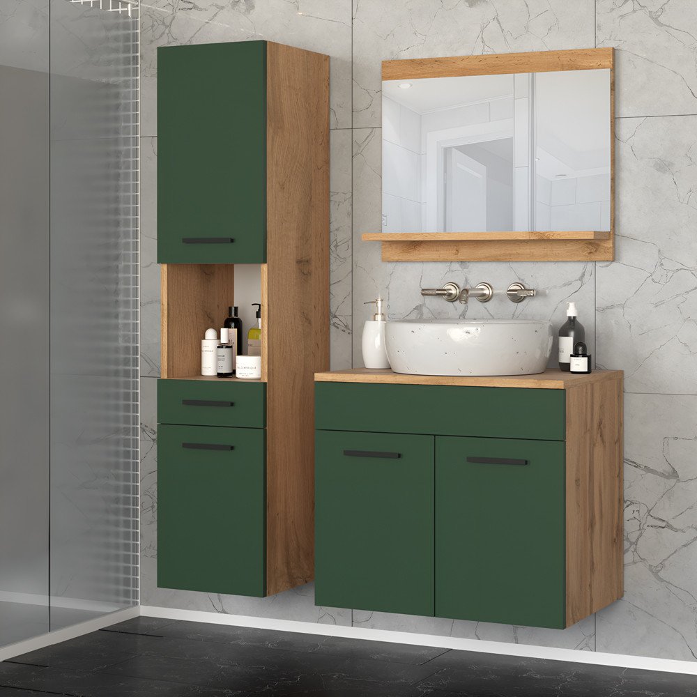 Zestaw Mebli Łazienkowych 90cm Szafka Z Umywalką I Lustro Dąb Wotan Zieleń