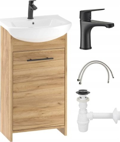 Deftrans Zestaw szafka łazienkowa dąb złoty 45cm z umywalką baterią i syfonem Frigo