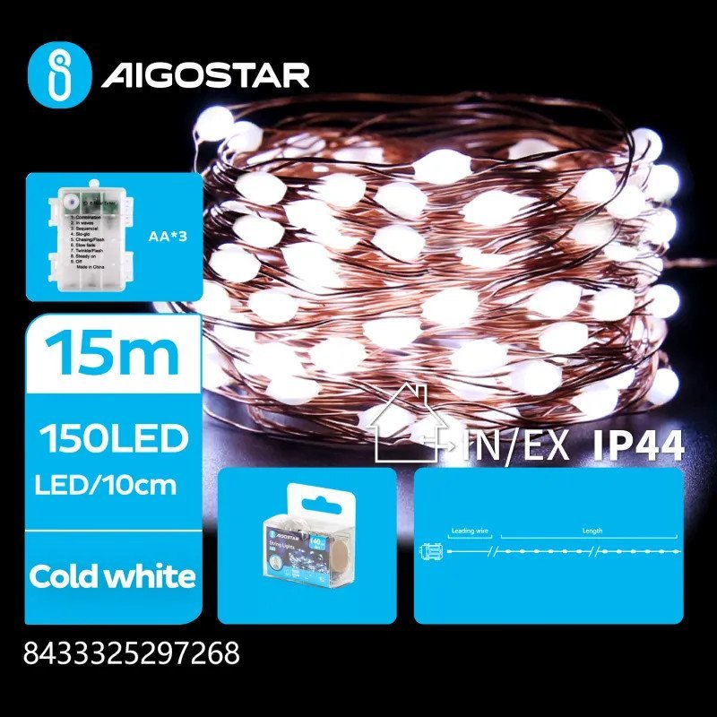 Lampki choinkowe Aigostar Lampki choinkowe 150 LED na 3 baterie AA z drutu miedzianego, Zimna biel, 15m Lampki choinkowe 150 LED na 3 baterie AA z dr