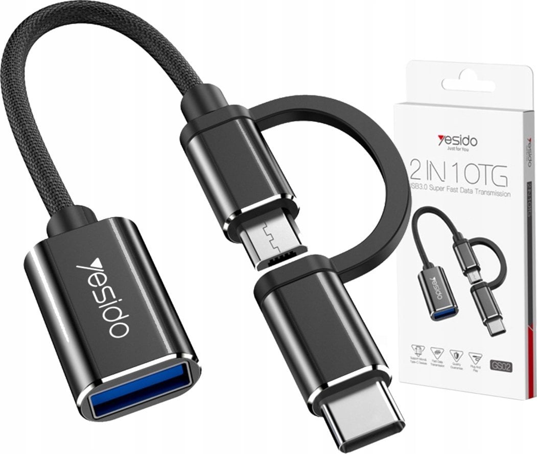 Adapter USB Yesido yesido Adapter OTG GS02 2w1 Type-C/Micro Male - USB Female, 10cm, BLACK / CZARNY